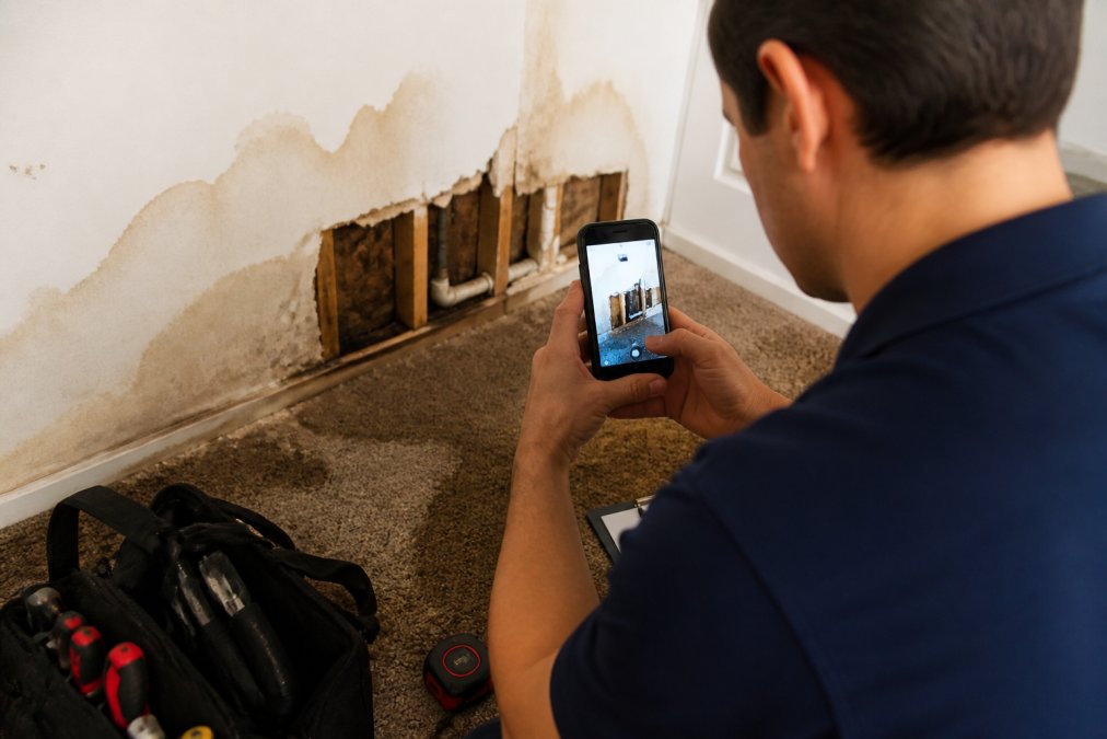Homeowner photographing water-damaged drywall and carpet with smartphone, documenting damage assessment in real-time with visible water stains and wet materials
