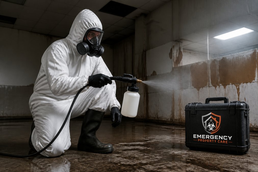 Illustration of a specialist wearing protective equipment inside a commercial property