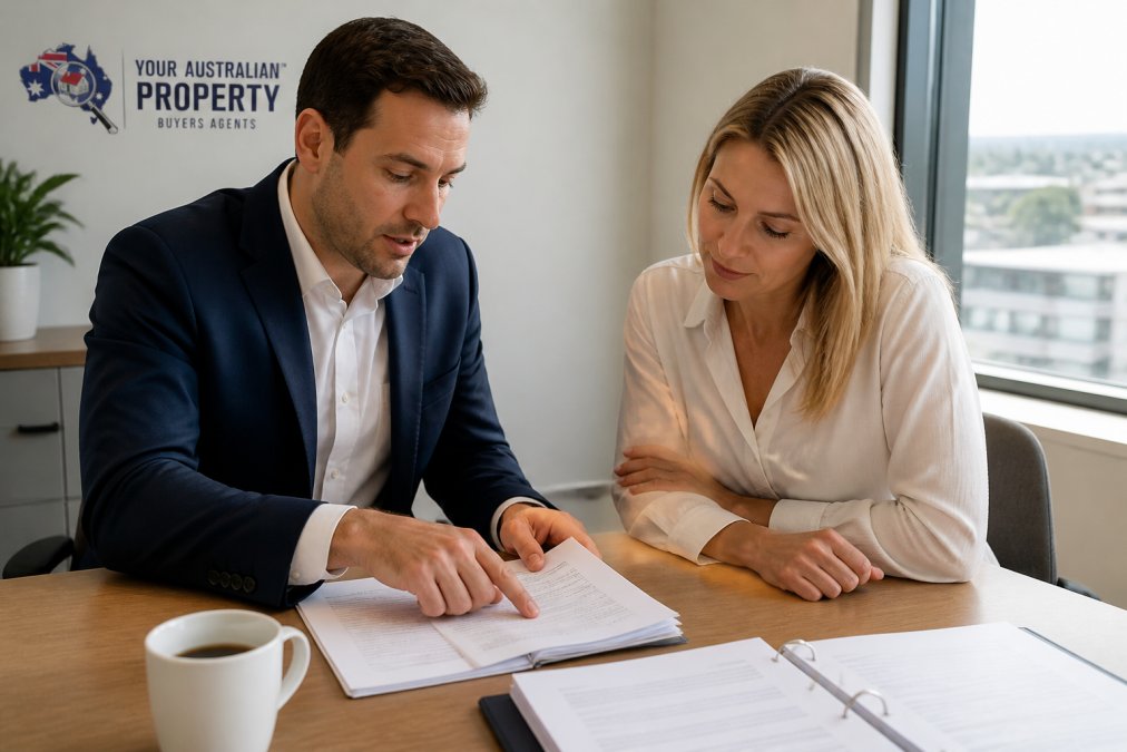 Conveyancer and buyer reviewing property contract documents and Section 32 statement at desk with coffee, natural office lighting