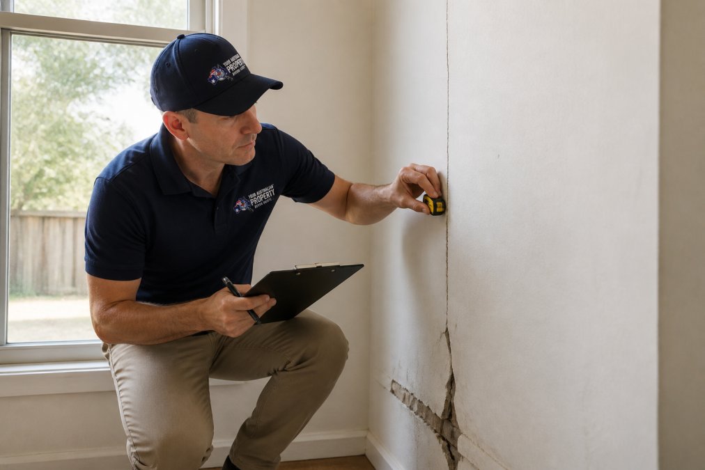 Professional property inspector examining foundation cracks and structural damage on interior wall with clipboard and measuring tape, natural daylight