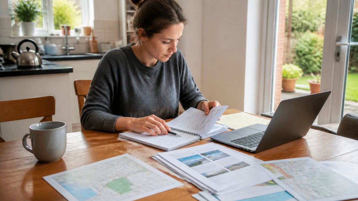 First-time buyer sitting at a kitchen table with laptop, notepad, and property documents spread out, reviewing information with a focused expression and natural daylight