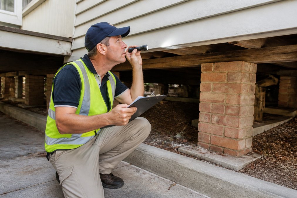 A licensed building inspector in a hi-vis vest and cap examining the underside of a weatherboard house with a torch and clipboard, timber subfloor and brick piers visible in the background
