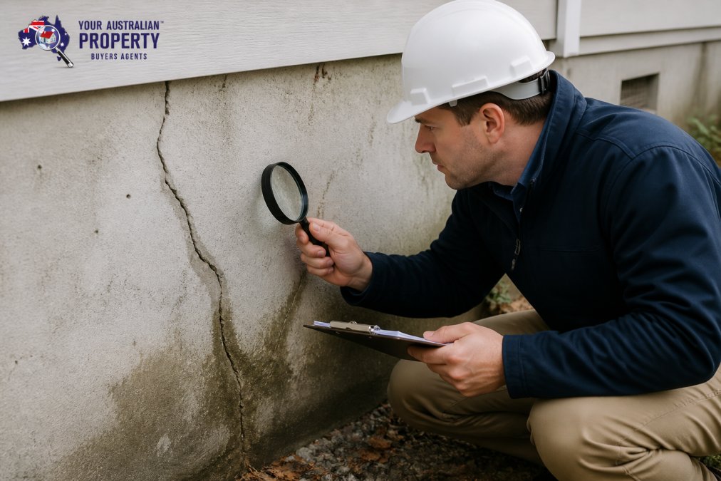 Professional building inspector examining foundation wall showing visible cracks and moisture damage, with magnifying glass and clipboard in hand, natural outdoor lighting