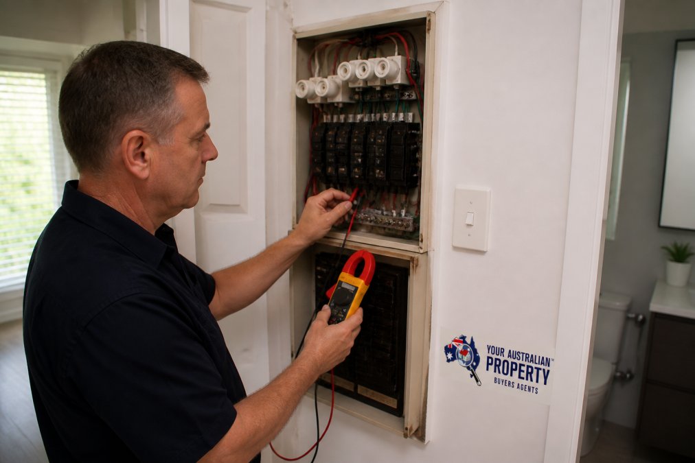 Property inspector examining an older meter board and electrical switchboard, checking connections and safety compliance with multimeter, indoor setting with natural light