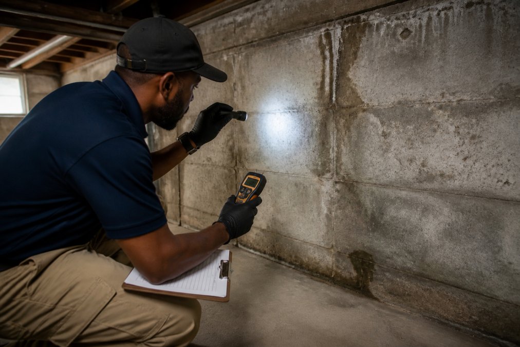 Professional inspector using a moisture meter to check basement foundation walls for property inspection investors