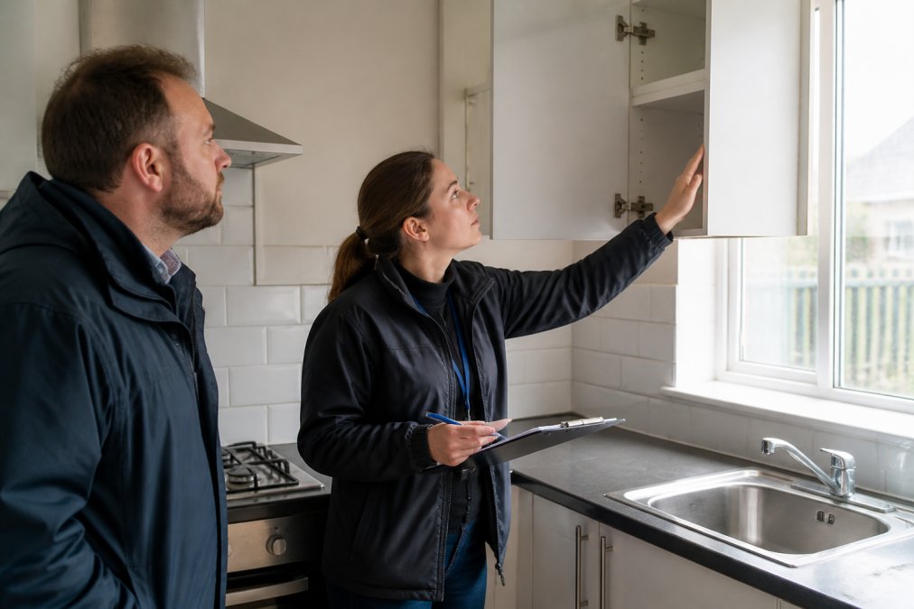 Professional property manager conducting property inspection, holding clipboard and checking fixtures with natural daylight through windows