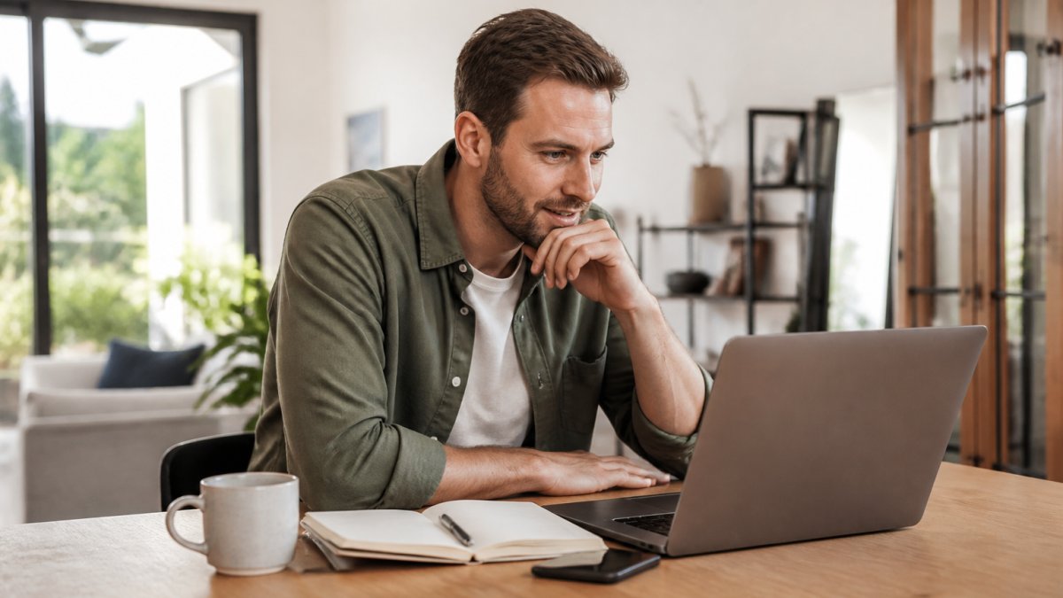 Potential buyer leaning forward at laptop screen, viewing bright, professionally photographed living room on property listing with warm natural light streaming through windows, expression of interest