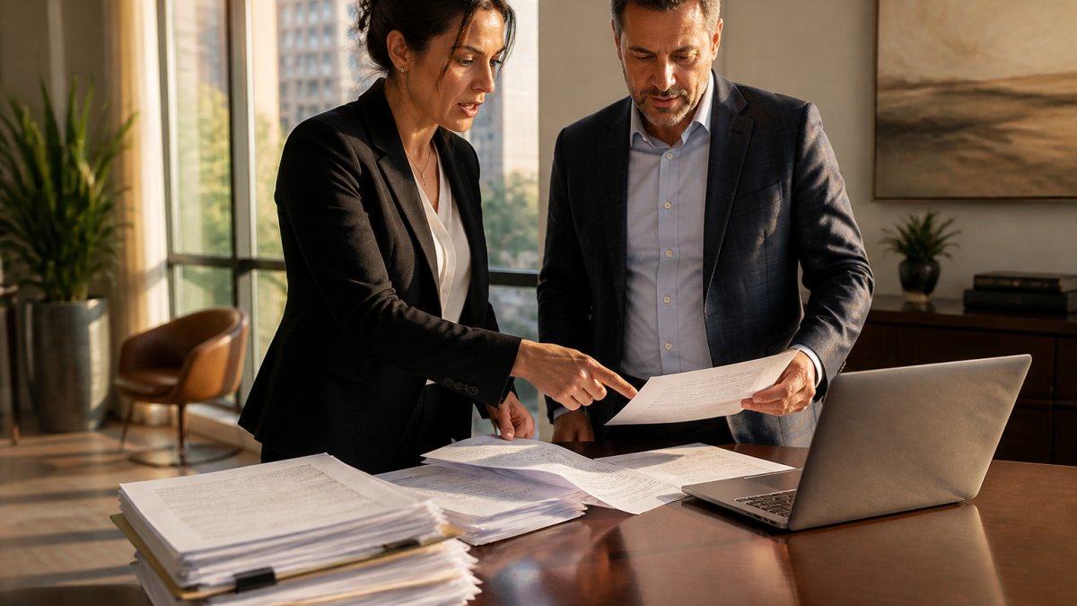A property manager and a controller reviewing a stack of software invoices beside a laptop showing a subscription billing dashboard at a conference table in a bright office