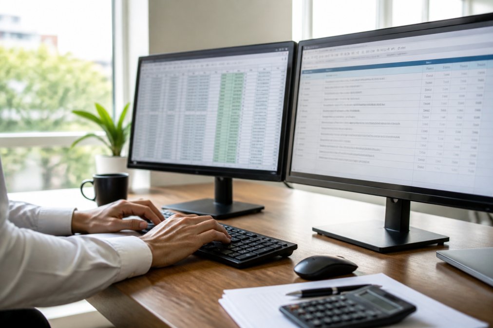Close-up of a financial controller's hands typing on a keyboard with a dual-monitor setup showing property management dashboards and accounting spreadsheets in a modern office with natural window light