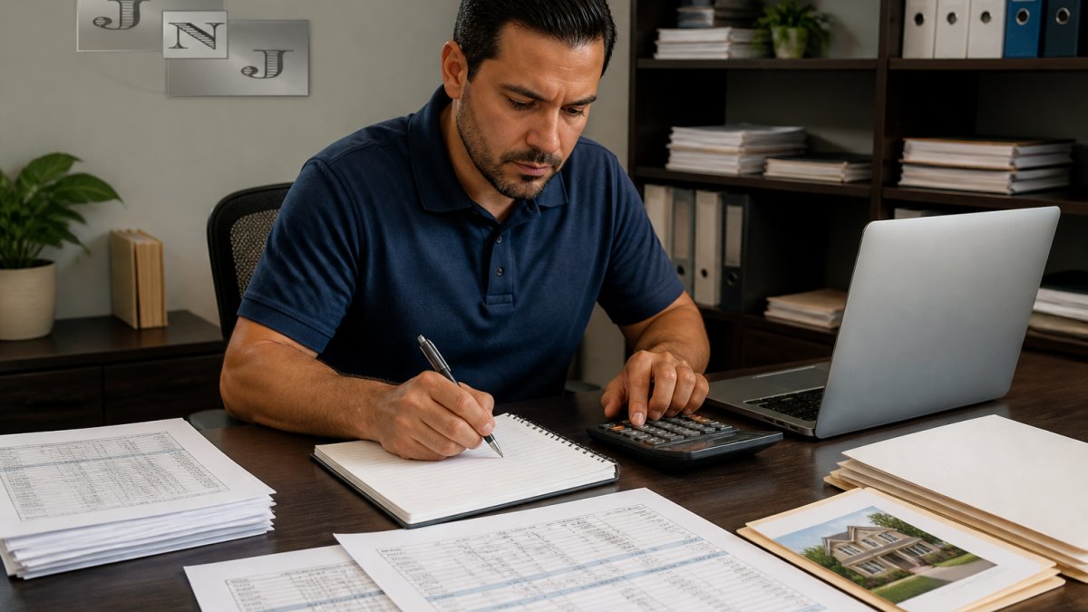 Property manager or landlord reviewing rental property financial documents, spreadsheets, and fee schedules on a desk with calculator, laptop, and rental property file folders