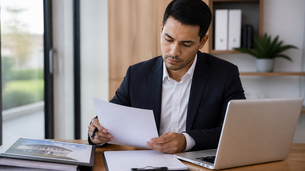 Professional property manager reviewing tenant application documents at a desk with a laptop, pen, and property file visible, natural office lighting