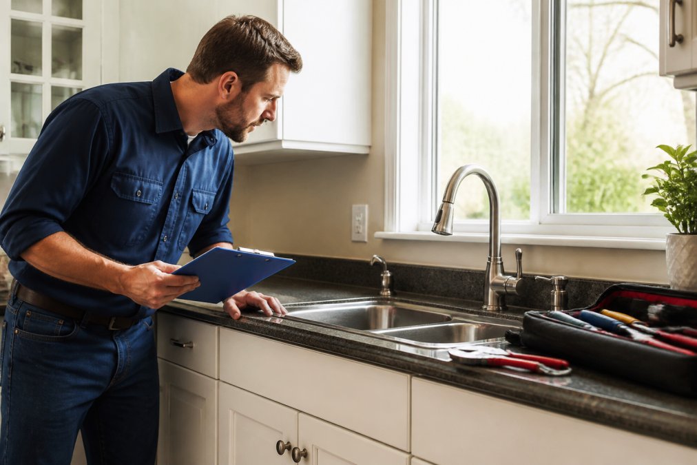A property manager in a work shirt inspecting a kitchen sink with a clipboard, tools visible on the counter, natural light from a window