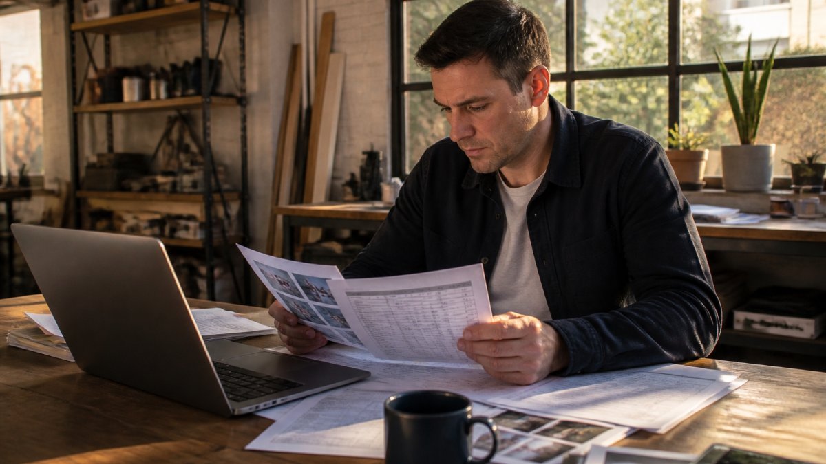 Property buyer analysing market data and documents for property market predictions 2027 on a laptop at a desk
