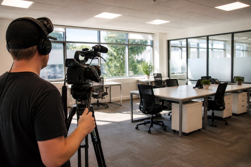 Professional videographer filming interior of modern commercial office space with natural light streaming through large windows, showing clean desks and contemporary furniture