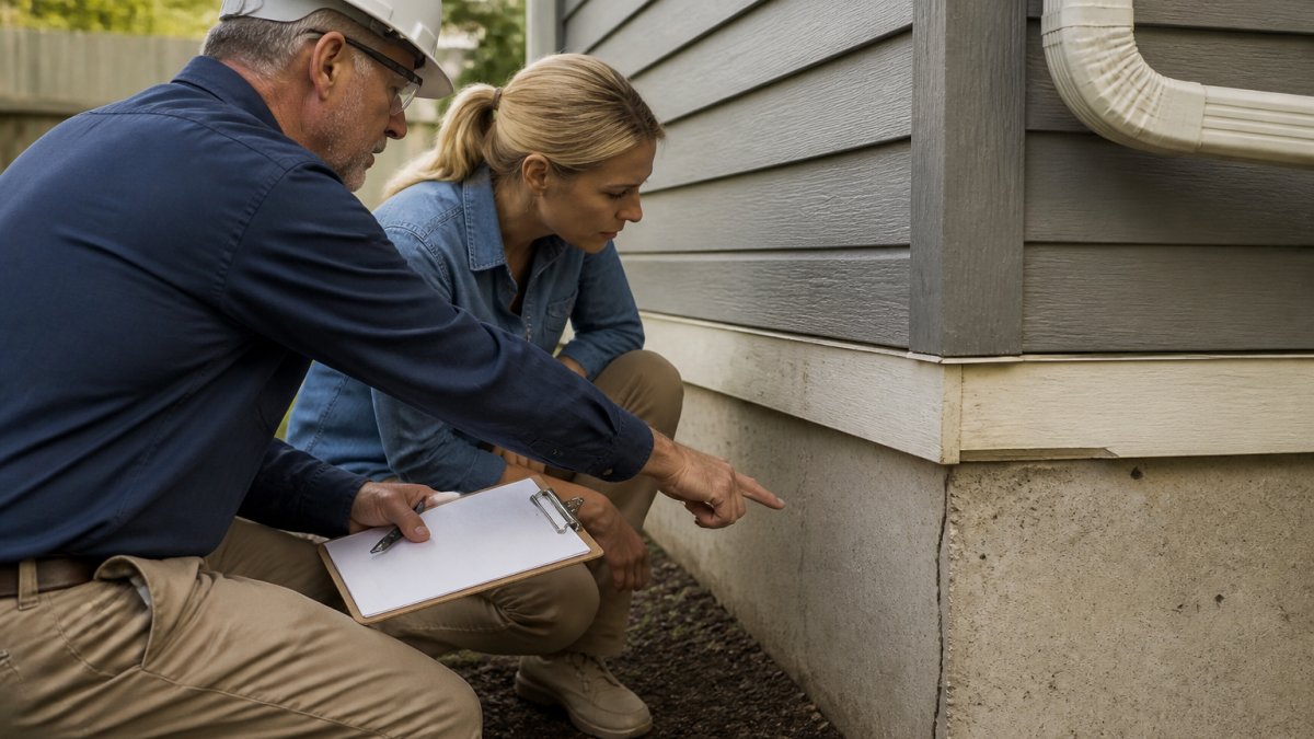 Professional home inspector and homeowner examining exterior foundation and roofline together during seasonal maintenance visit, clipboard and inspection tools visible