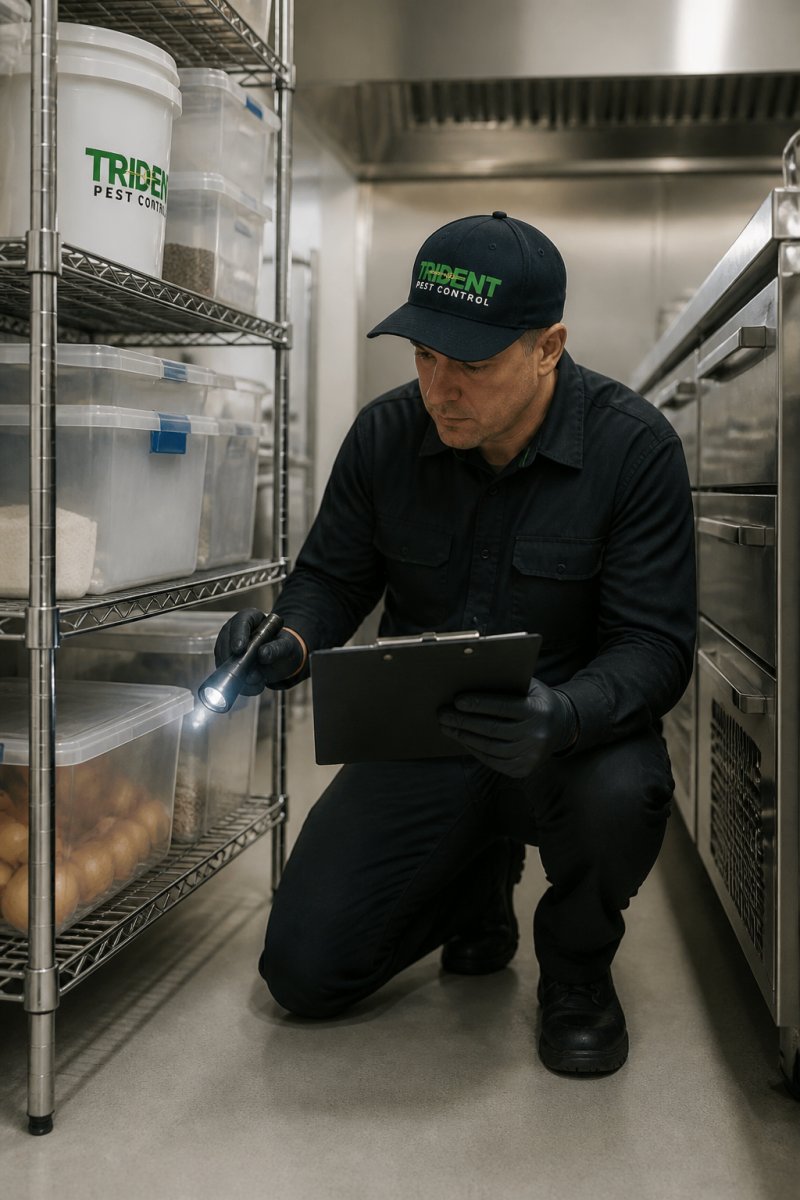 Professional pest control technician conducting inspection in a commercial kitchen, examining food storage areas and stainless steel equipment with protective gloves and clipboard