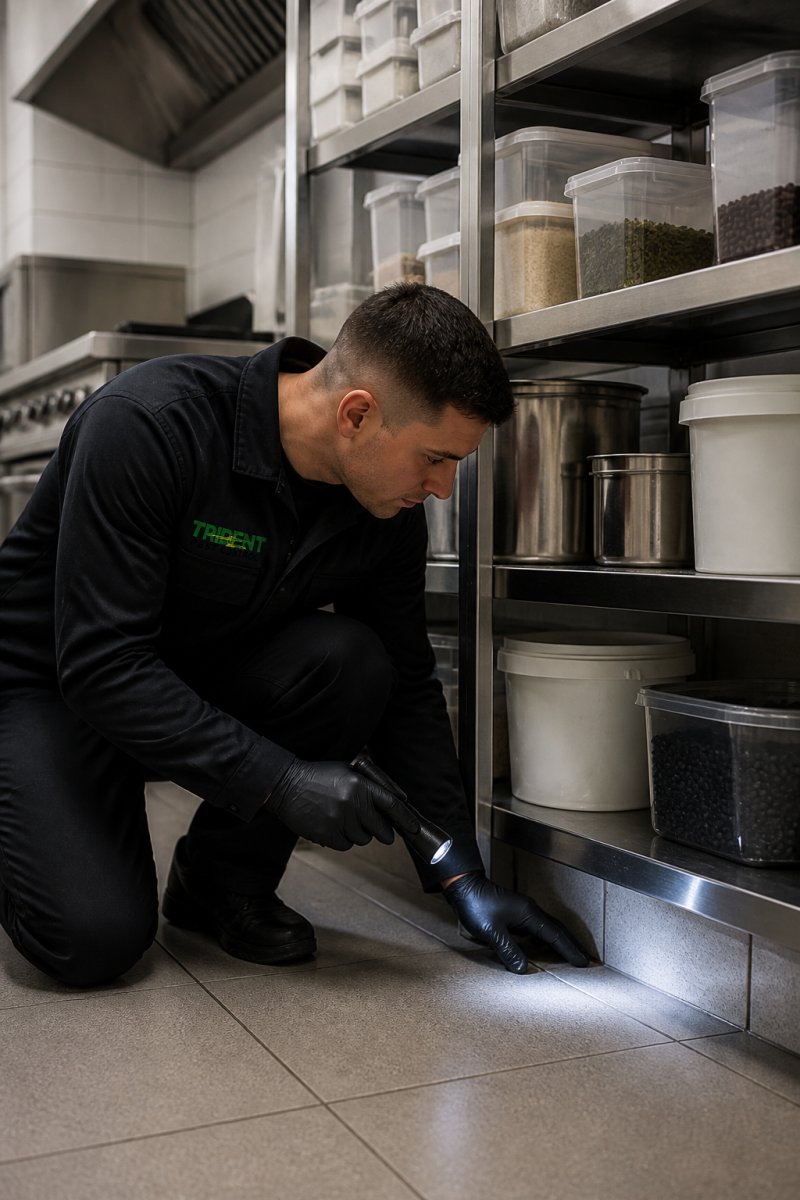 Professional pest control technician conducting systematic inspection in a commercial kitchen facility, examining food storage areas, equipment gaps, and potential entry points with detailed attention to sanitation protocols