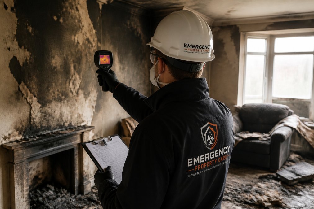 A restoration technician in protective gear and a hard hat inspecting a fire-damaged living room, using a thermal imaging camera on a smoke-stained wall, with a clipboard and assessment notes visible