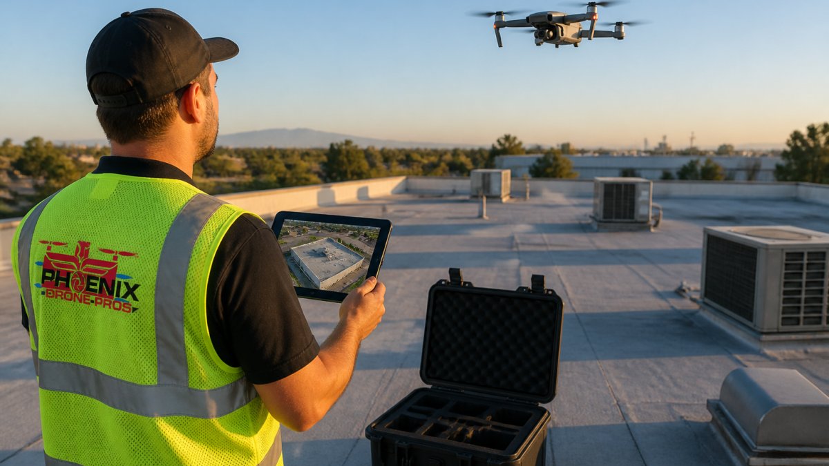An FAA-certified drone pilot in a safety vest launching a quadcopter from a hard case on a commercial flat roof, tablet in hand showing a live aerial feed of the building below, late afternoon light