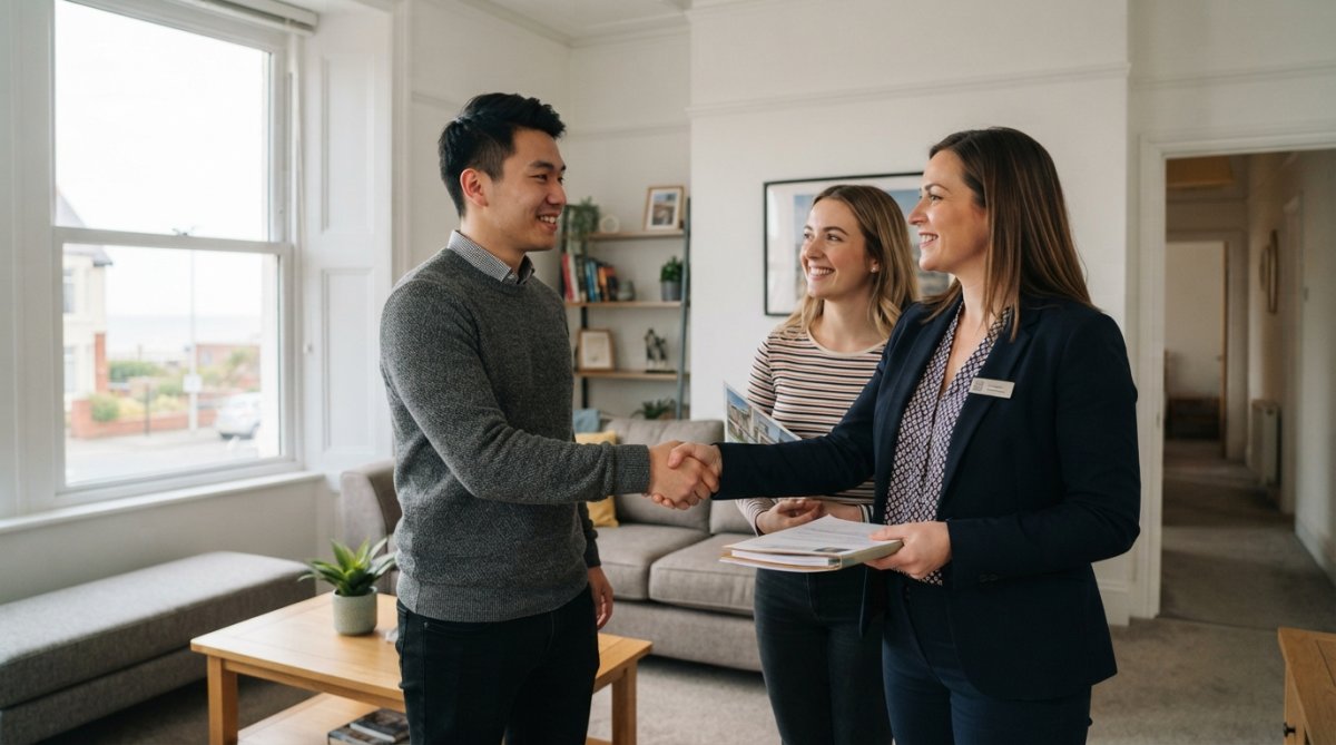 Professional property manager conducting formal tenant viewing with prospective tenants in modern living room, shaking hands, natural lighting through windows