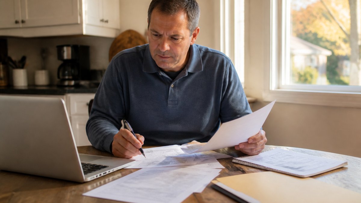 A new homeowner sitting at a kitchen table reviewing property assessment paperwork and tax forms, with a laptop open and a pen in hand, warm afternoon light through the window