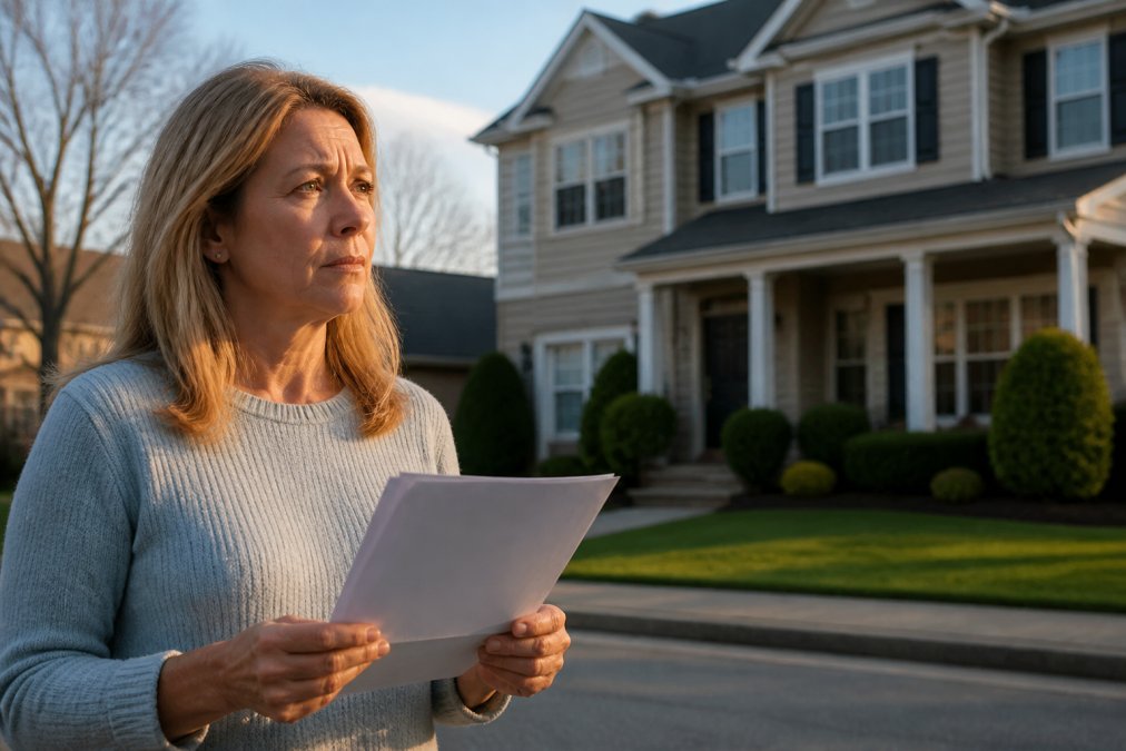 Homeowner reviewing a property tax grievance notice in front of a suburban home