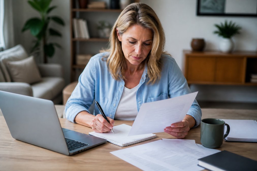 A person reviewing property documents and taking notes at a desk with a laptop and coffee, focused on title paperwork