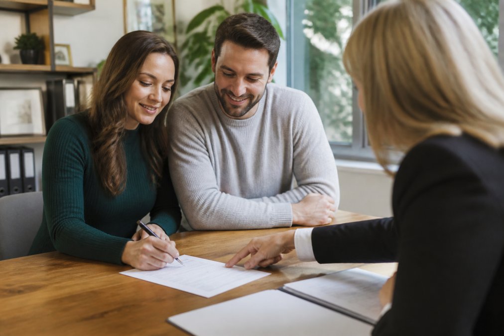 A couple reviewing property documents with a solicitor at a wooden desk in a bright office, signing papers and pointing at a form, natural daylight through a window