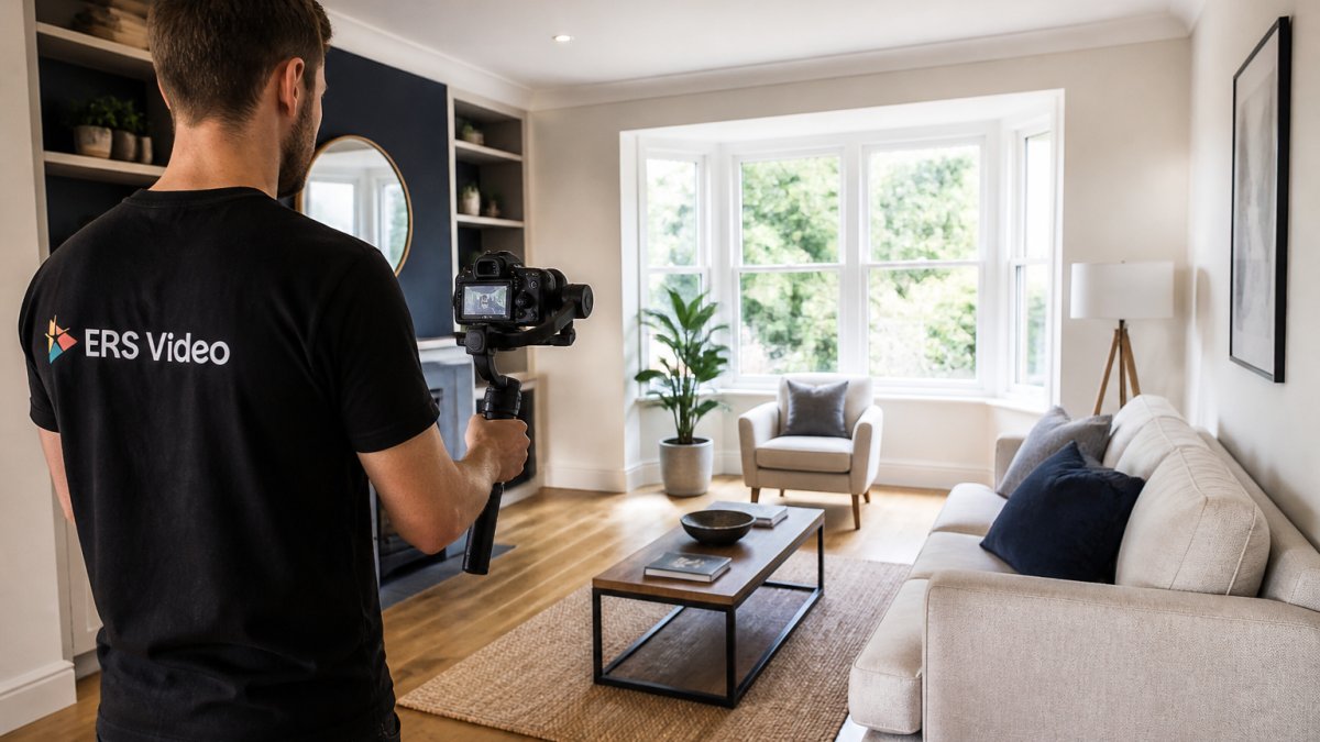 A videographer filming a bright, tidy living room with a gimbal-mounted camera, large windows letting in natural light, a property walkthrough in progress