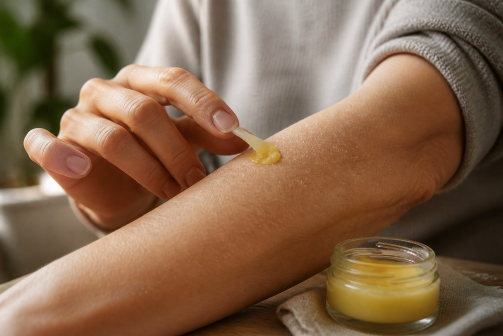 Nahaufnahme einer Hand, die mit dem Finger eine kleine Menge Balsam aus einem offenen Glasgefäß nimmt und auf den trockenen Unterarm aufträgt, weiches natürliches Tageslicht von der Seite, ruhige häusliche Atmosphäre