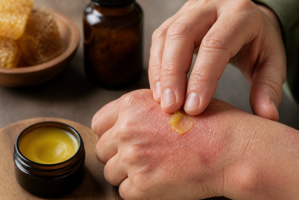 Nahaufnahme von Händen, die einen natürlichen Propolis-Balsam auf gereizte Hautpartien auftragen, mit sichtbarem Bienenprodukten-Behälter im Hintergrund