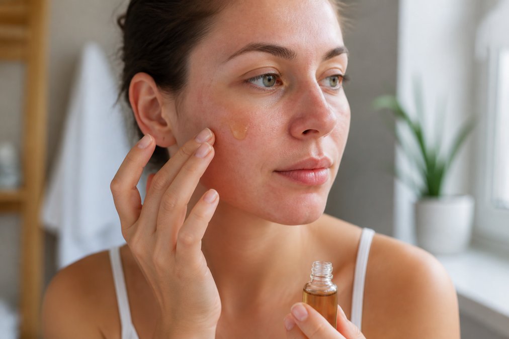 Woman with sensitive skin gently applying amber propolis skincare serum to her cheek in a bright bathroom