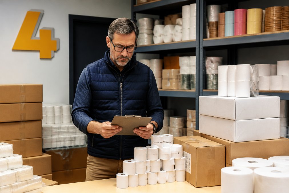 Retail shop owner checking inventory of boxes for bulk purchasing in a stockroom
