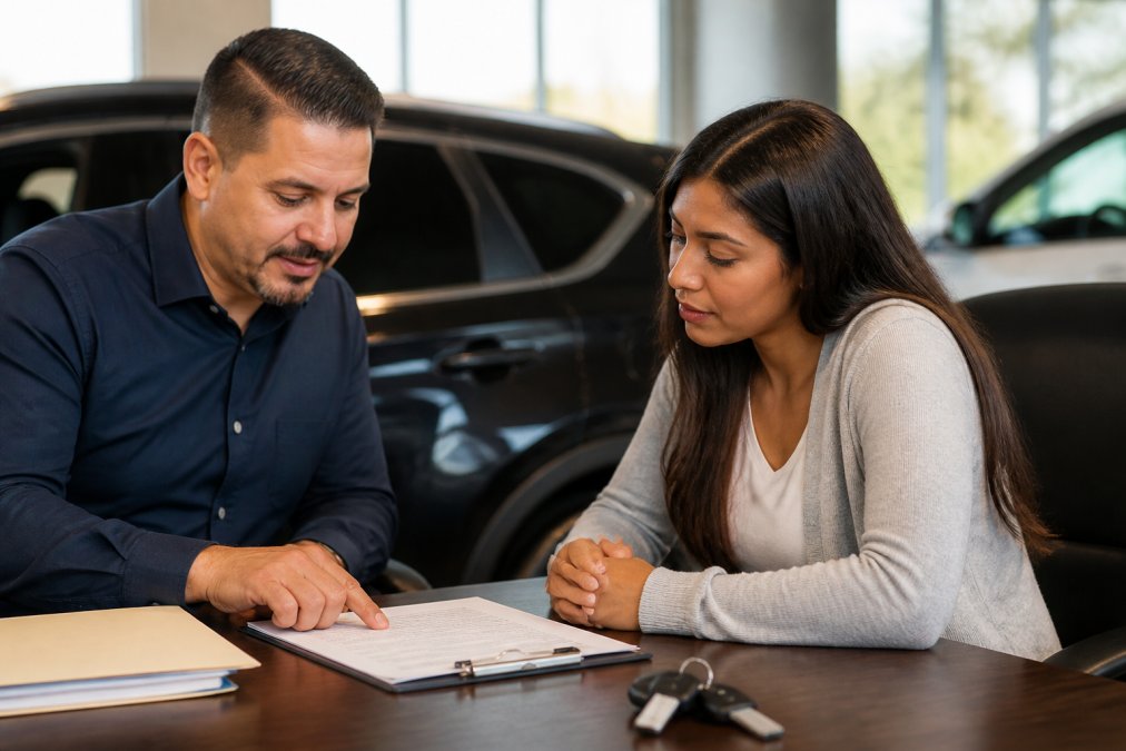 Salesperson and customer reviewing a buy here pay here car loan contract at a dealership desk