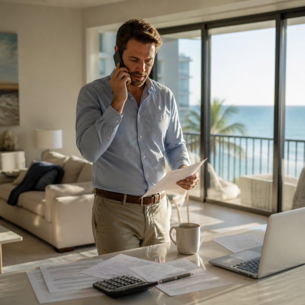 Prospective buyer reviewing mortgage documents and financial paperwork at a desk with a laptop and calculator nearby, morning sunlight streaming through windows