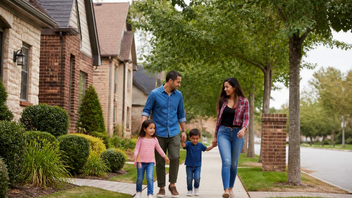A family with two young children walking along a tree-lined sidewalk past brick and stone suburban houses in a North Texas neighborhood on a clear morning