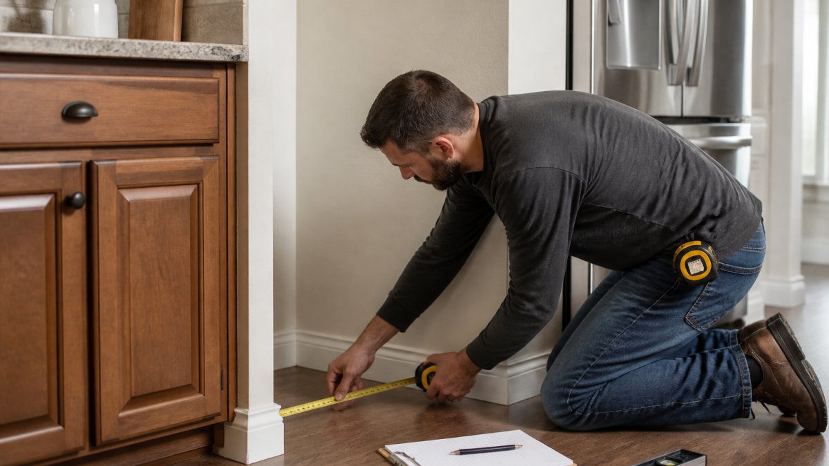 Homeowner using a tape measure to check alcove depth for counter-depth refrigerators in a kitchen
