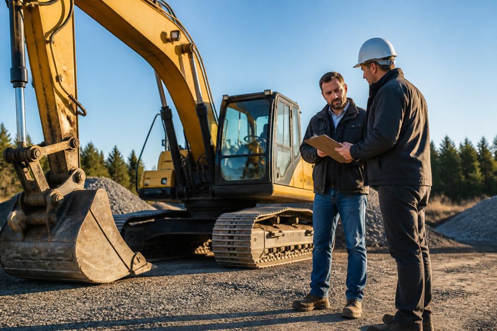 A construction business owner and a lender standing beside a used excavator on a gravel job site, clipboard and inspection checklist in hand, morning light casting long shadows across the machine