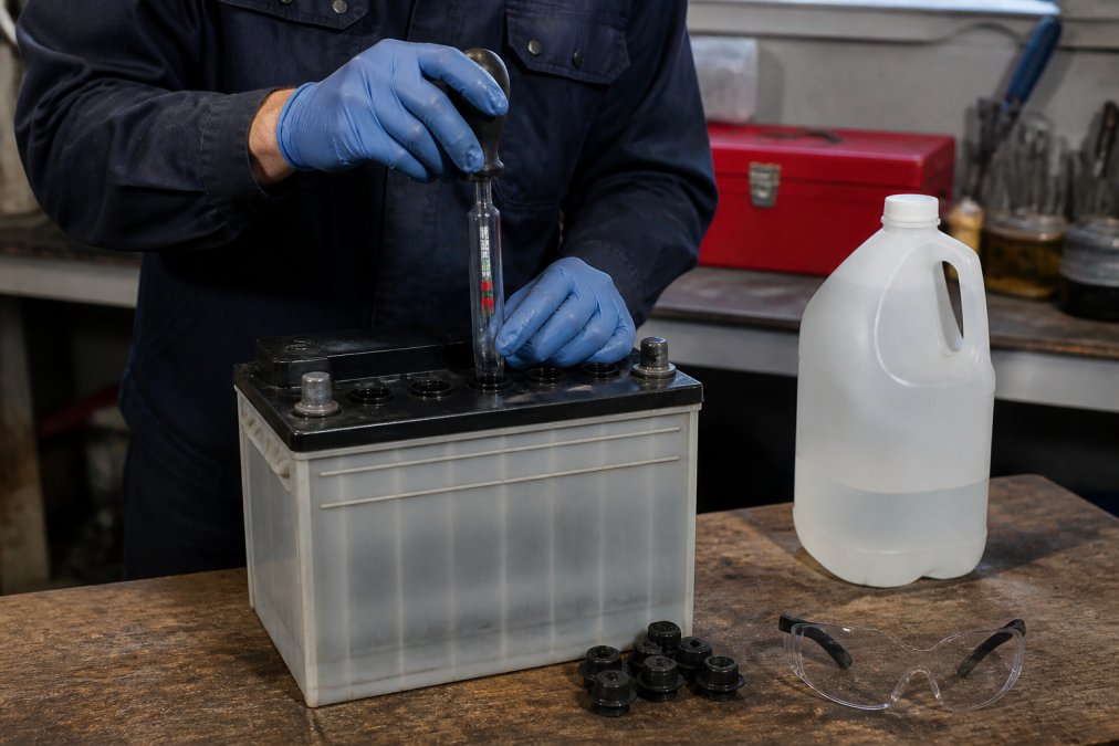 Close-up of hands using a hydrometer to check specific gravity of flooded lead acid battery electrolyte, with distilled water bottle and safety gloves on wooden workbench