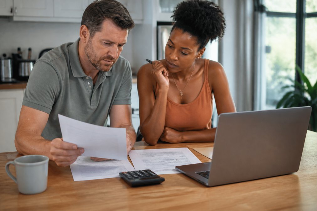 A couple sitting at a kitchen table reviewing home insurance paperwork and a calculator, with a laptop showing a savings account balance nearby