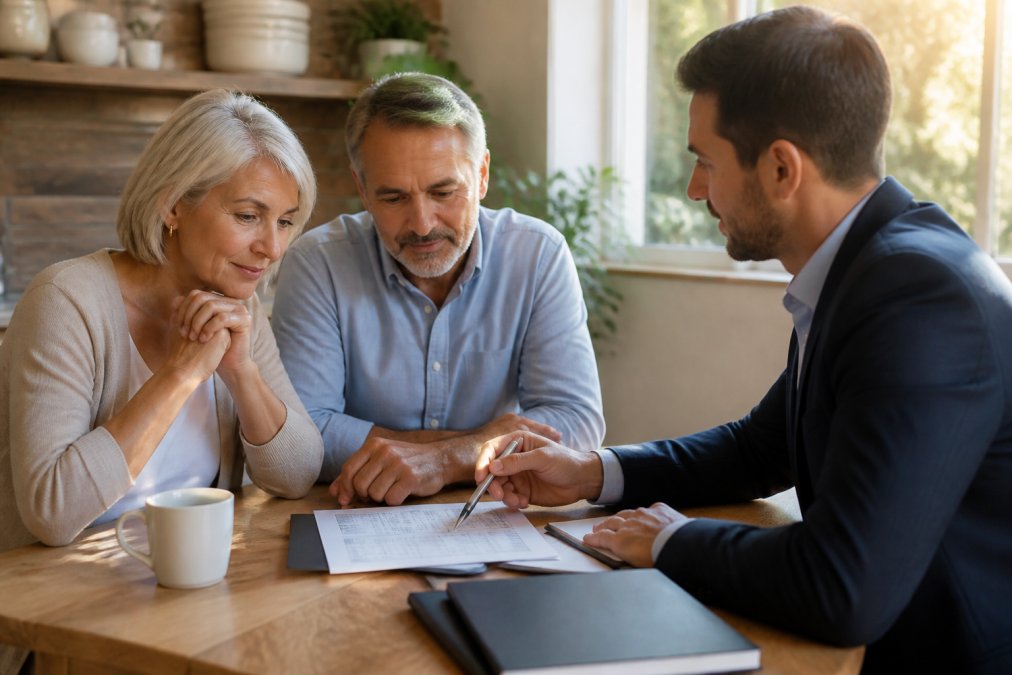 A retired couple in their early 60s sitting at a kitchen table with a financial advisor, reviewing a printed income plan and pointing at a laptop screen showing monthly payment figures, warm afternoon light through the window