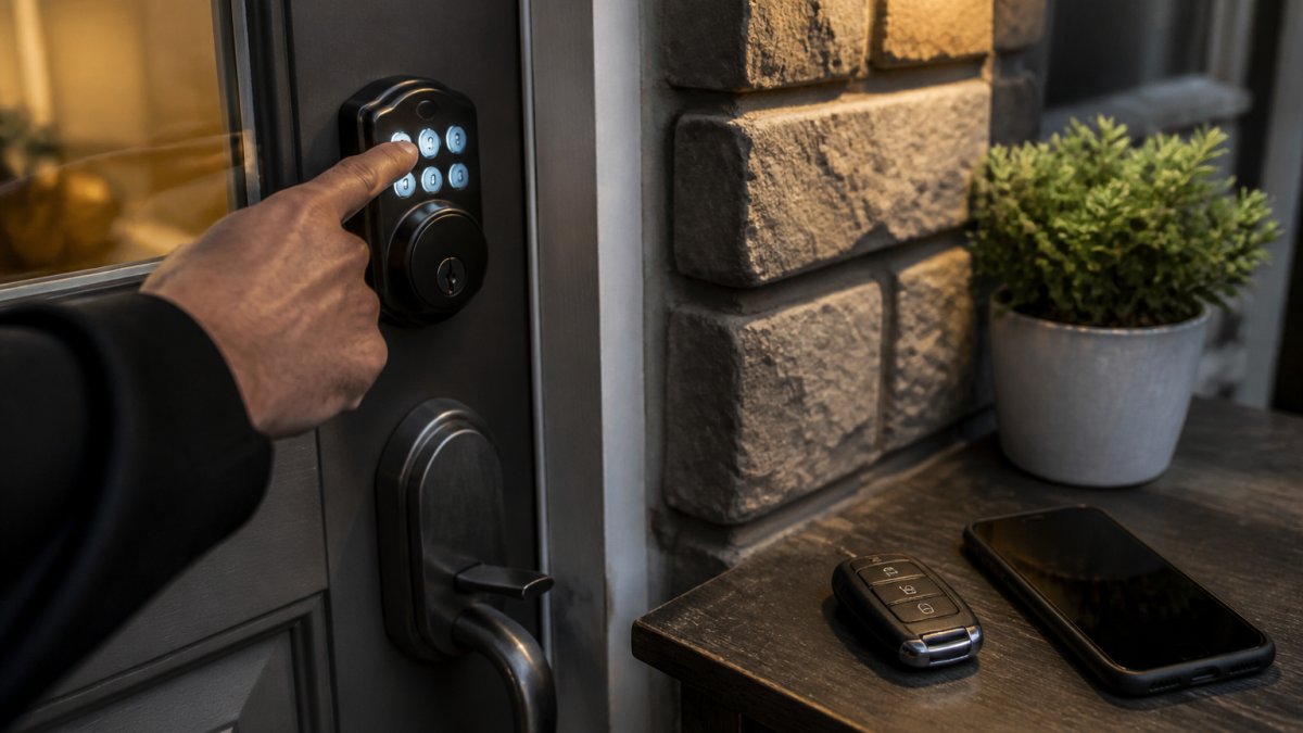 Close-up of a hand pressing a backlit keypad lock on a residential front door at dusk, with a key fob and smartphone resting on a nearby entry table