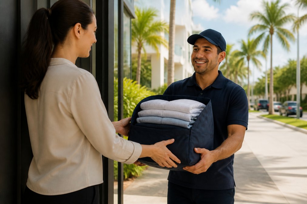 Delivery driver handing clean laundry subscriptions to a professional at a Miami apartment entrance