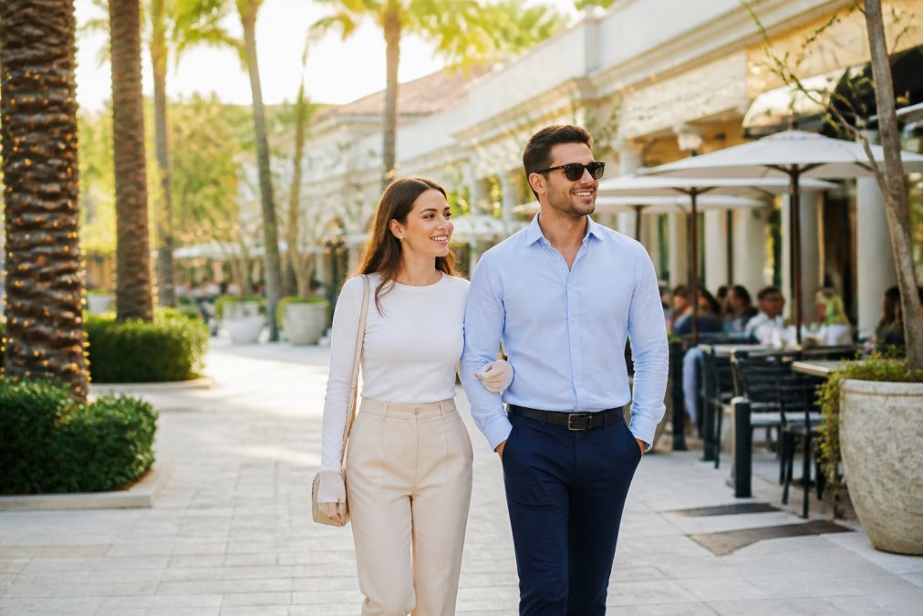A young professional couple strolling through a palm-lined downtown plaza with outdoor cafes and string lights, warm late-afternoon light