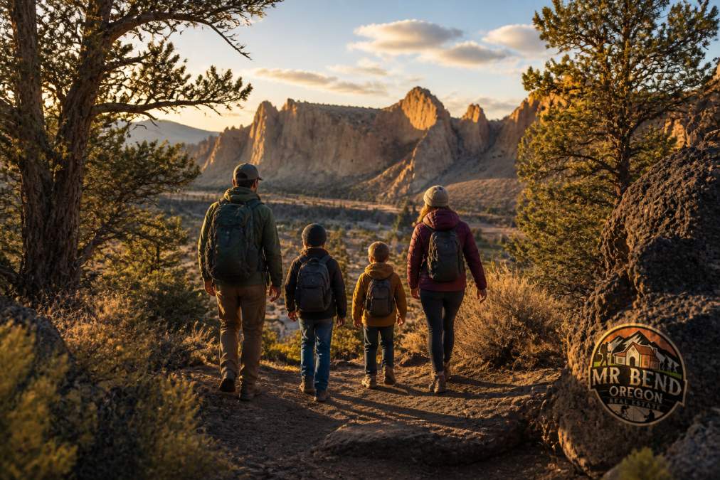 A wide cinematic shot of a family hiking a high desert trail near Redmond at golden hour, with Smith Rock in the distance and dry juniper trees framing the path