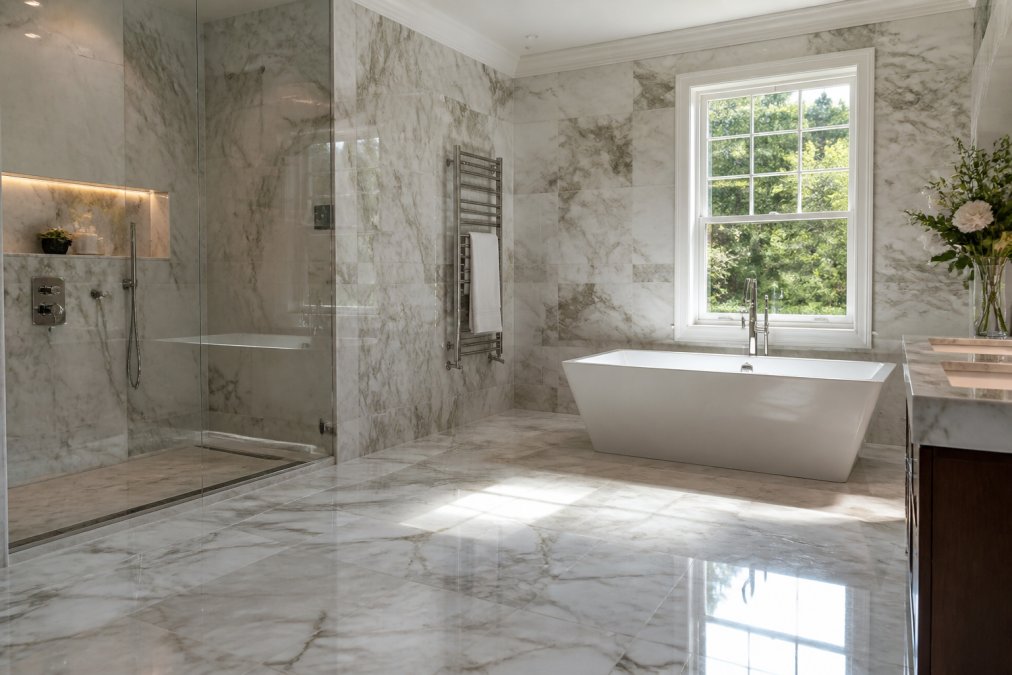 Luxurious bathroom with polished marble tiles on floor and walls showing distinctive veining patterns, natural light streaming through window, glossy finish creating luminous effect