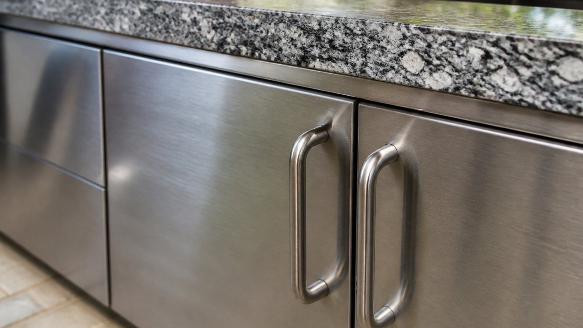 Close-up of brushed stainless steel cabinet doors with polished handles and granite countertop edge, showing texture and finish quality in natural daylight