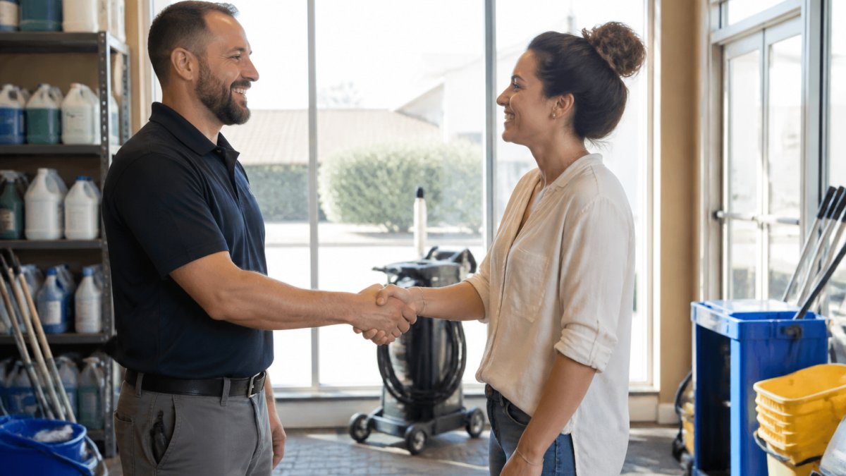 A small business owner smiling while shaking hands with a satisfied customer in a bright retail store, conveying trust and confidence