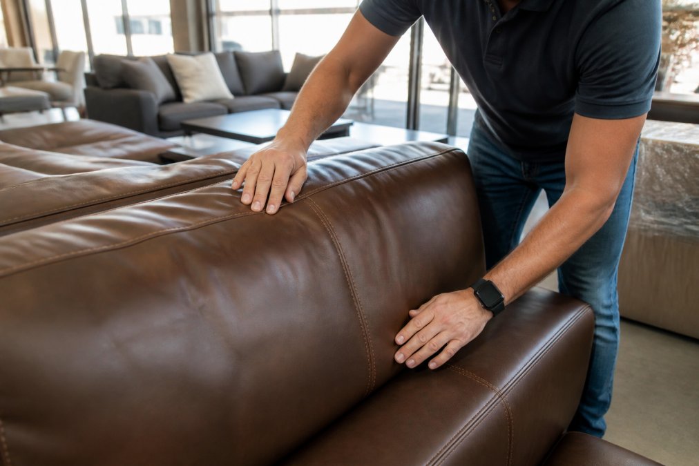 Close-up of hands examining a leather sofa for wear marks, running fingers along seams and checking cushion condition for damage, with natural daylight illuminating the inspection process