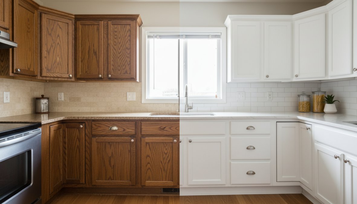 A bright, modern kitchen with freshly painted white cabinets, brushed nickel hardware, and a subway tile backsplash, photographed in warm natural light streaming through a window above the sink